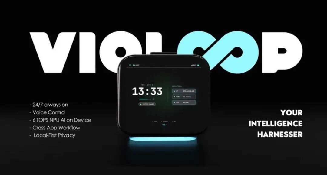 Violoop AI硬件产品图，屏幕显示功能特性
