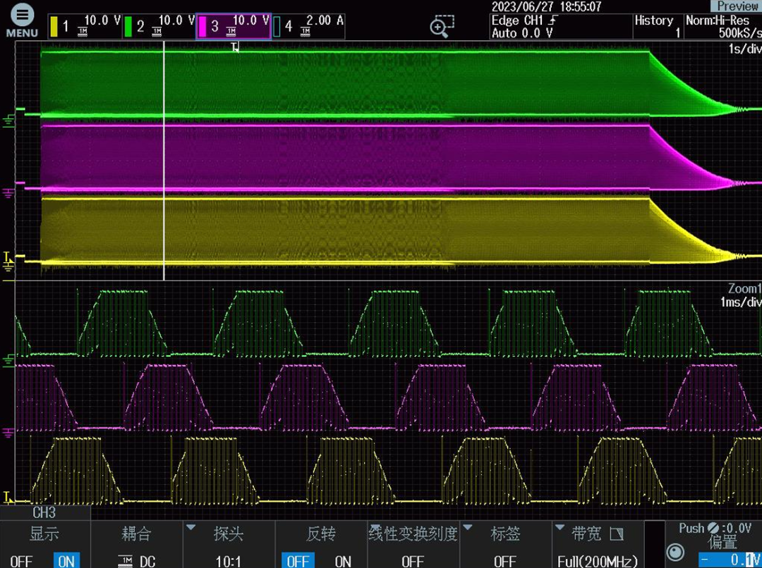 示波器显示的BLDC驱动波形，包含相电压与开关信号