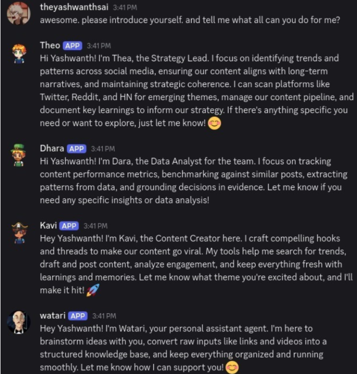 智能体团队在Discord中的自我介绍对话截图