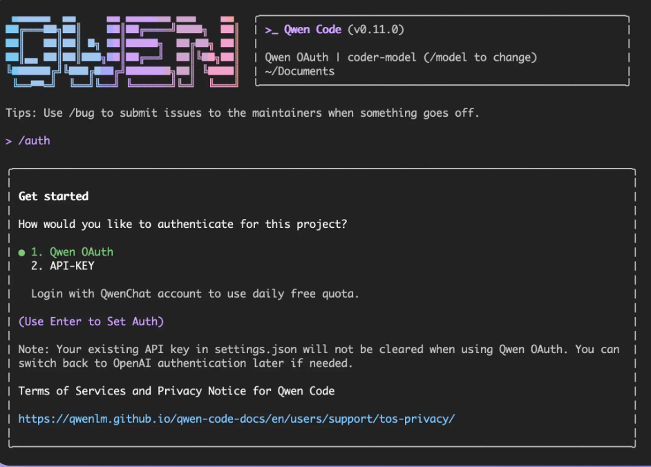 Qwen Code 终端界面,展示 OAuth 认证与 API Key 选项