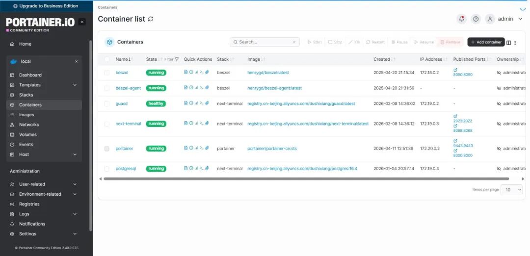 Portainer容器列表页面