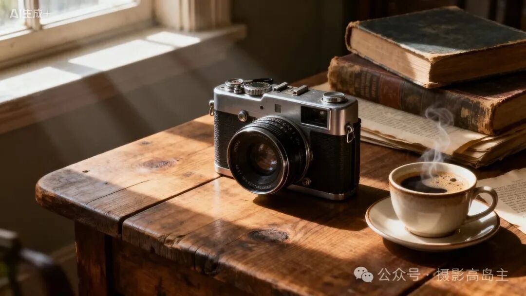 温馨室内场景中的复古相机与咖啡