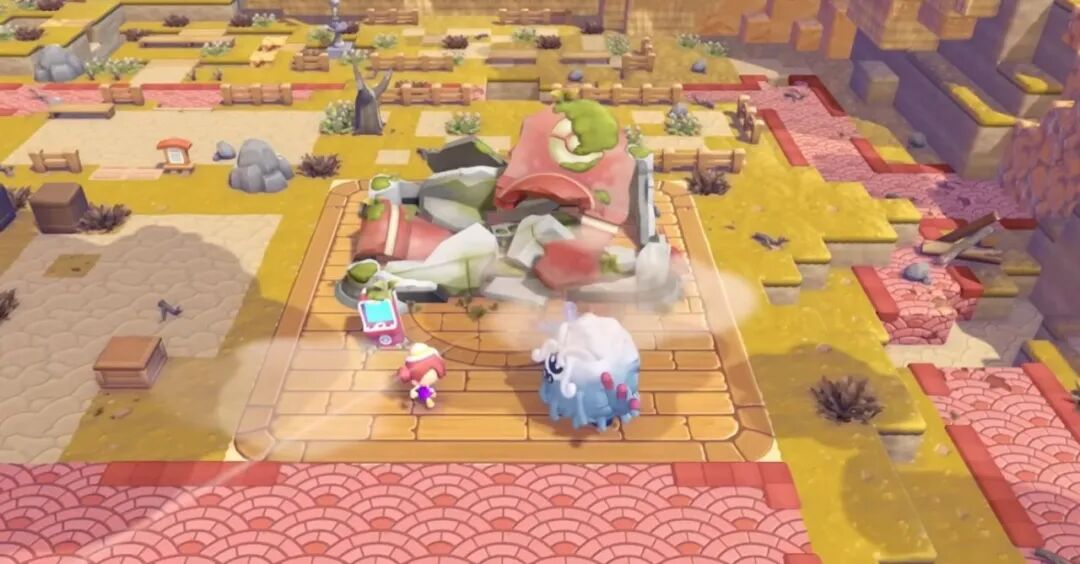 被破坏的建筑区域与倒下的绿色怪物