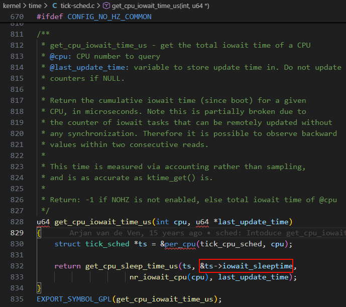 get_cpu_iowait_time_us 函数定义与注释
