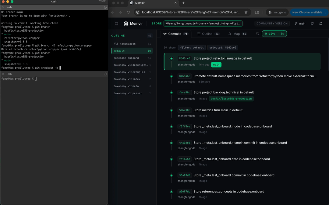Memor Git 分支操作与代码仓库页面