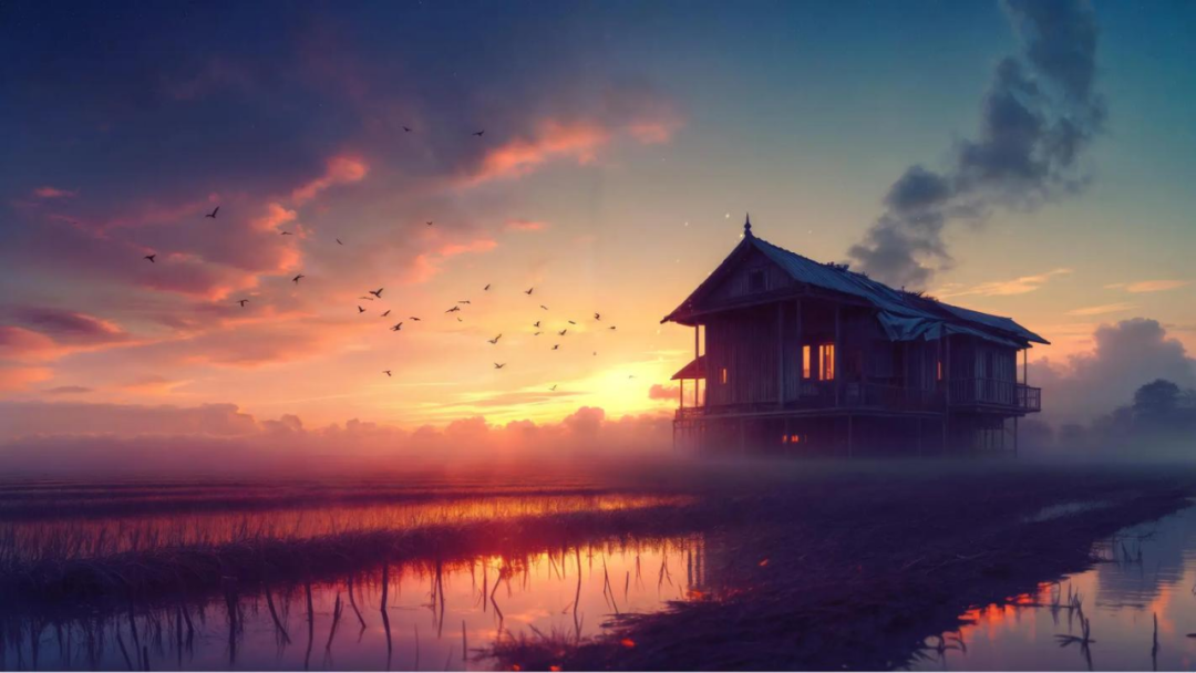 黄昏水边木屋风景