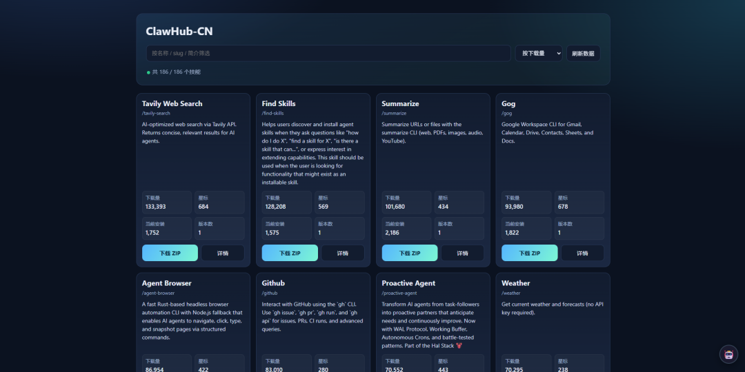 ClawHub-CN技能市场首页界面截图