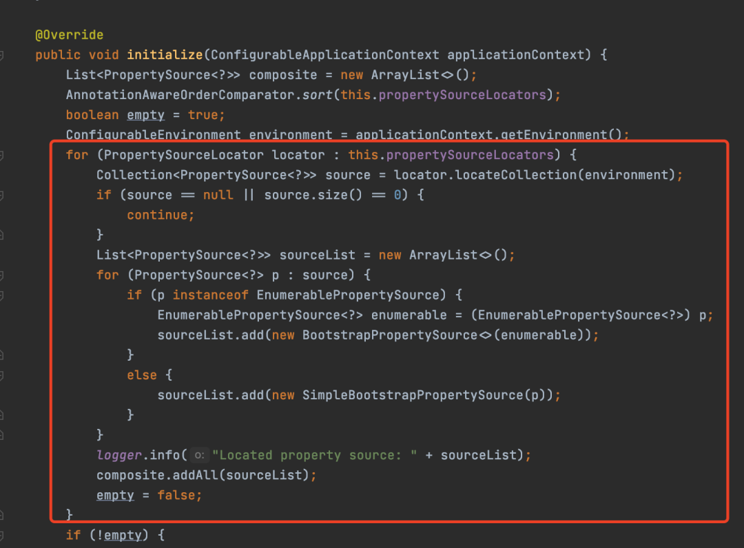 PropertySourceBootstrapConfiguration.initialize方法遍历调用PropertySourceLocator