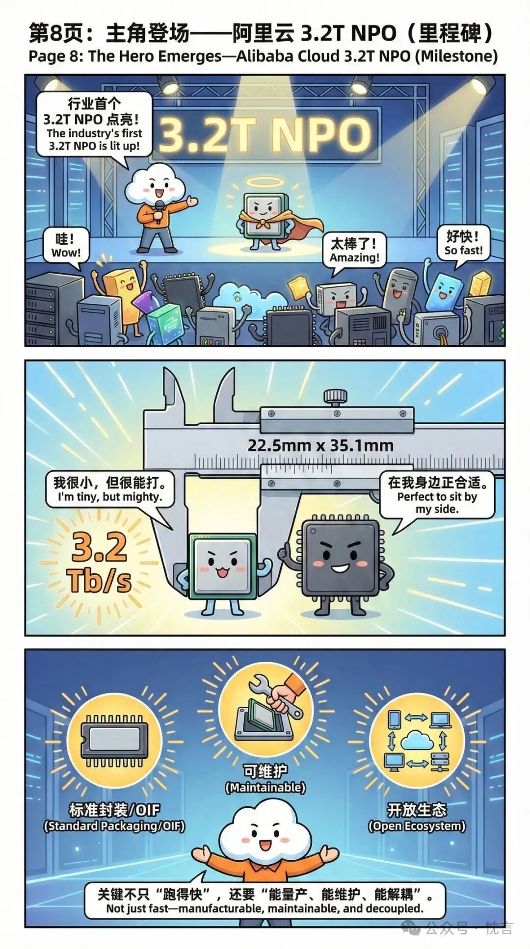 阿里云3.2T NPO光模块发布里程碑漫画