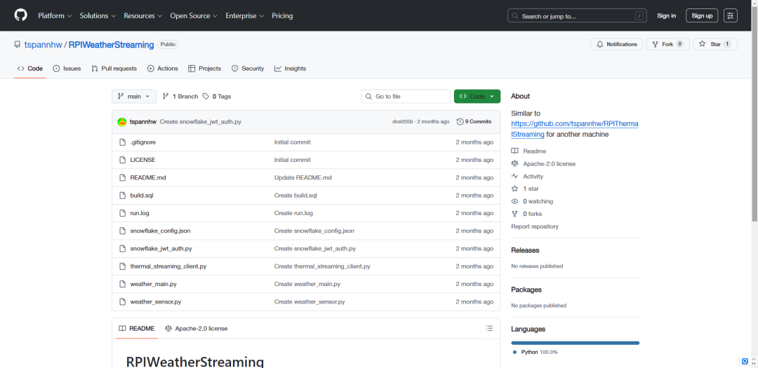RPIWeatherStreaming 项目在 GitHub 上的仓库页面截图