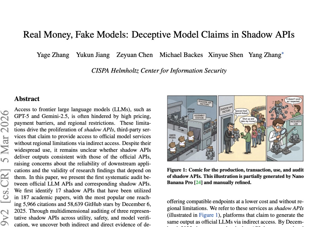 关于“影子API”的学术论文插图，以漫画形式展示其生产、交易、使用和审计过程