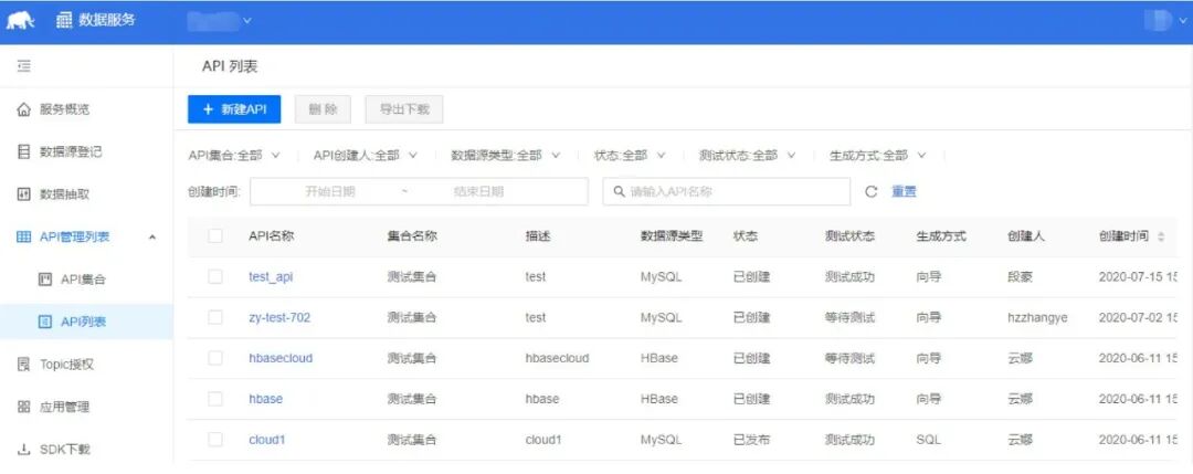 数据服务管理界面中的API列表截图