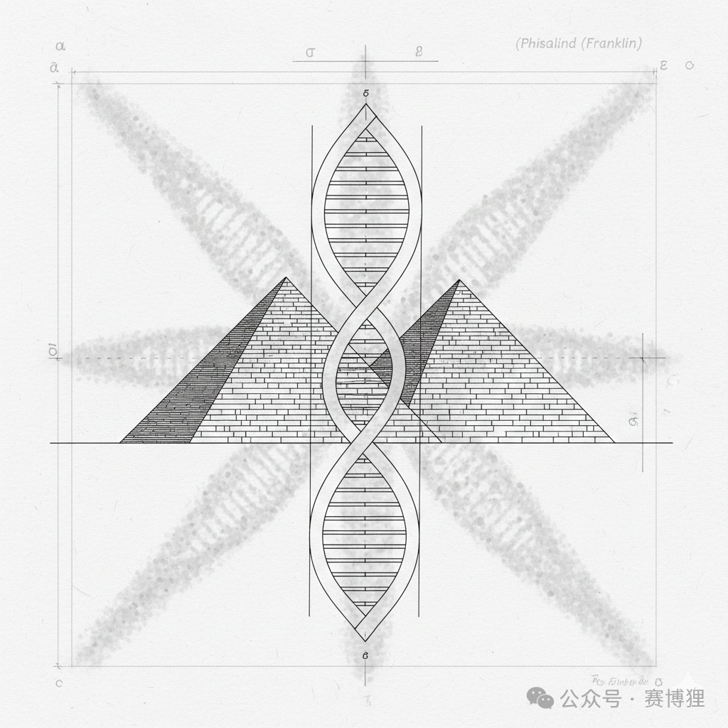 描绘DNA双螺旋结构与金字塔的手绘线条图
