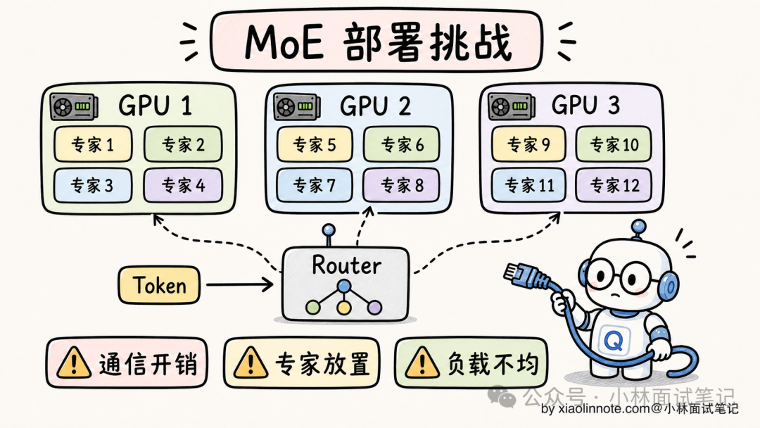 MoE部署挑战示意图：通信开销、专家放置与负载不均