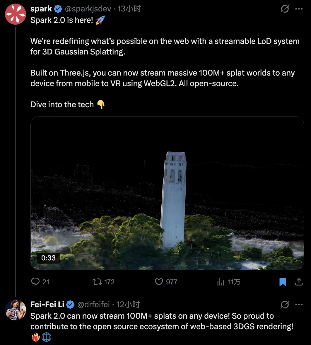 Spark团队和李飞飞在社交媒体上宣布Spark 2.0开源的推文截图