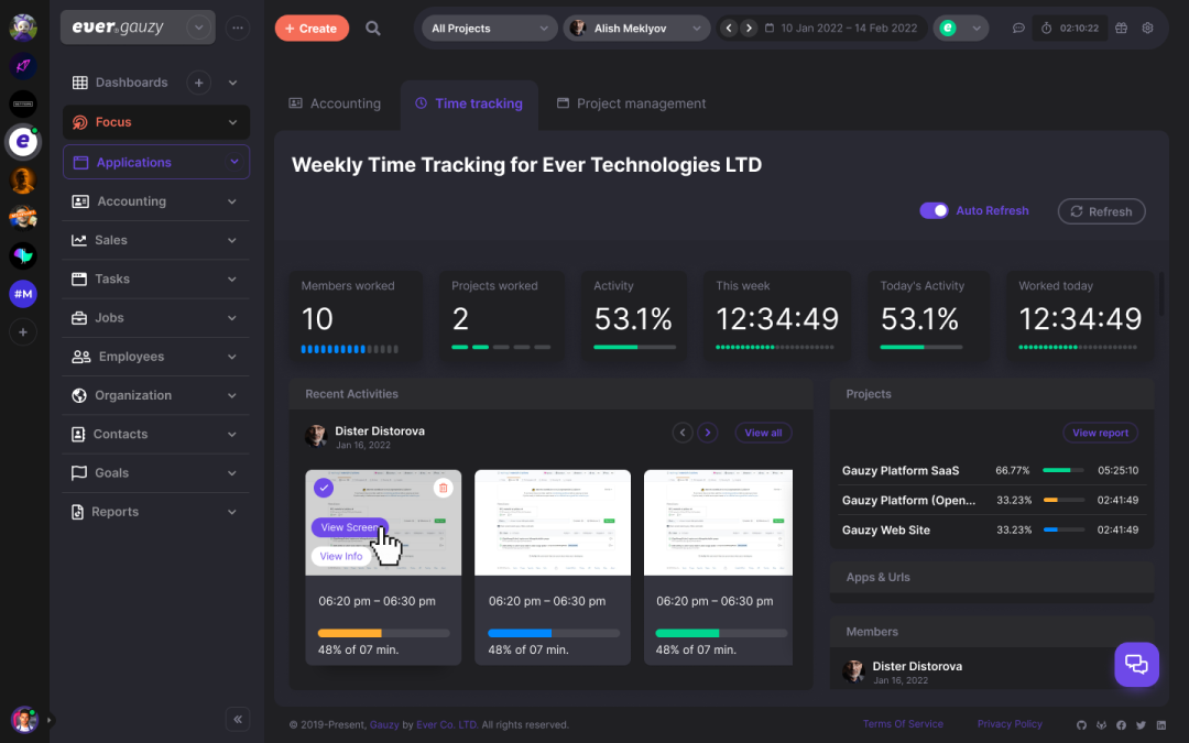 Ever Gauzy 时间跟踪模块界面