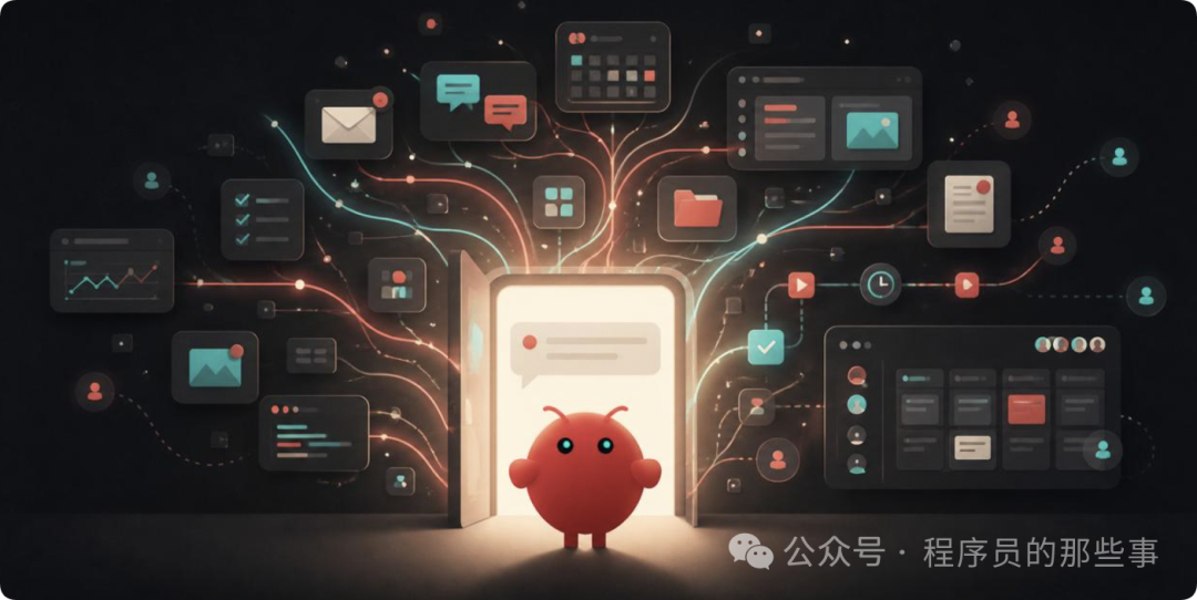 OpenClaw 2.0 发布主视觉,机器人从门内向外辐射数据流并连接邮件、日历、对话等 UI 模块