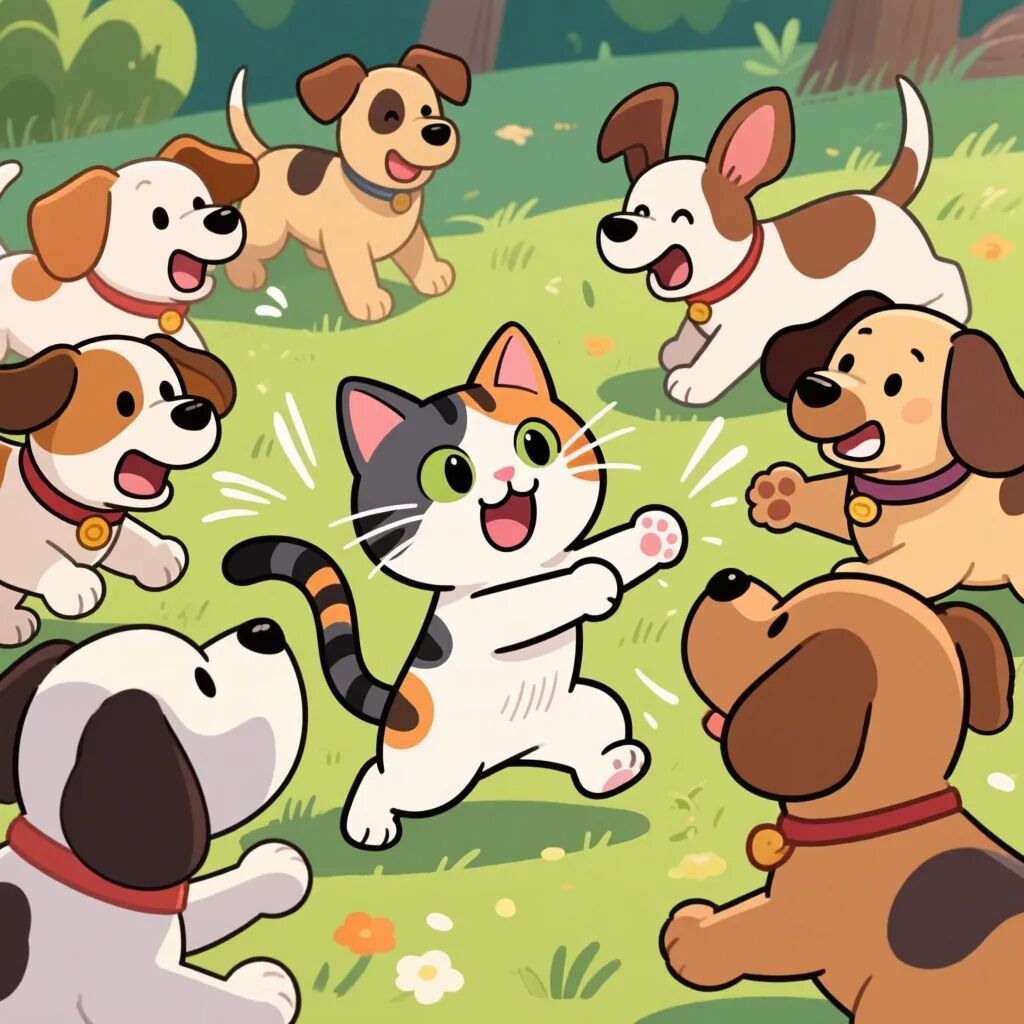 生成的卡通插画:一只三花猫与多只小狗在草地上欢快玩耍