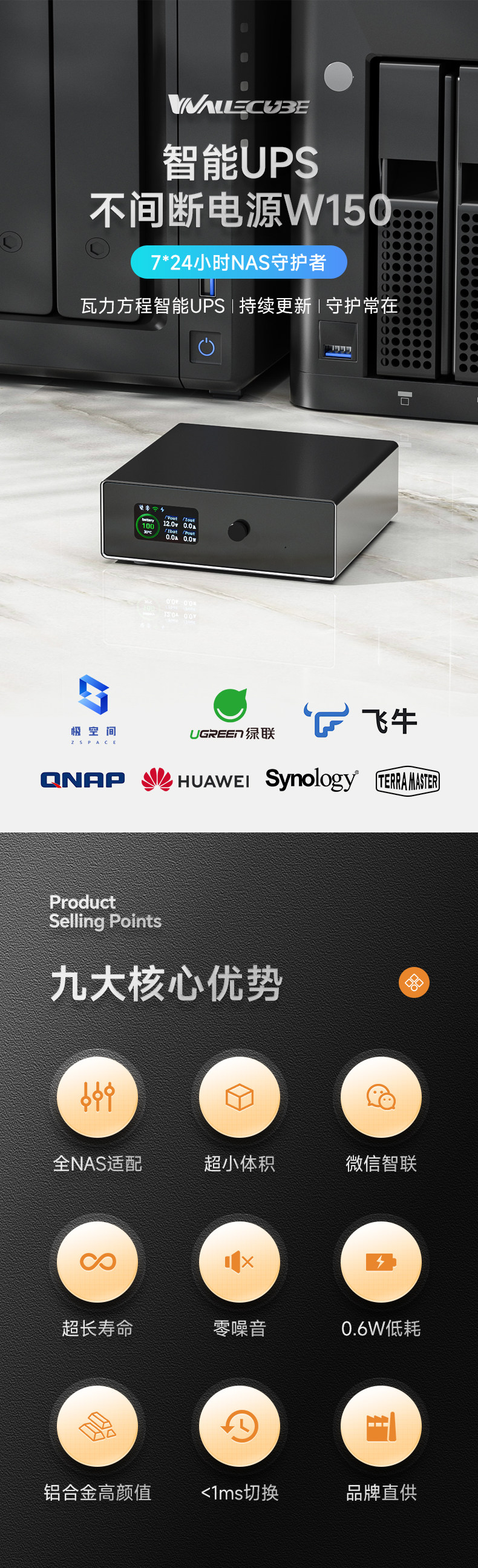 瓦力W150产品广告图，展示其适配众多NAS品牌及九大核心优势
