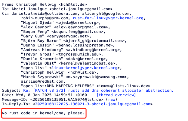 Christoph Hellwig反对加入Rust代码的邮件截图