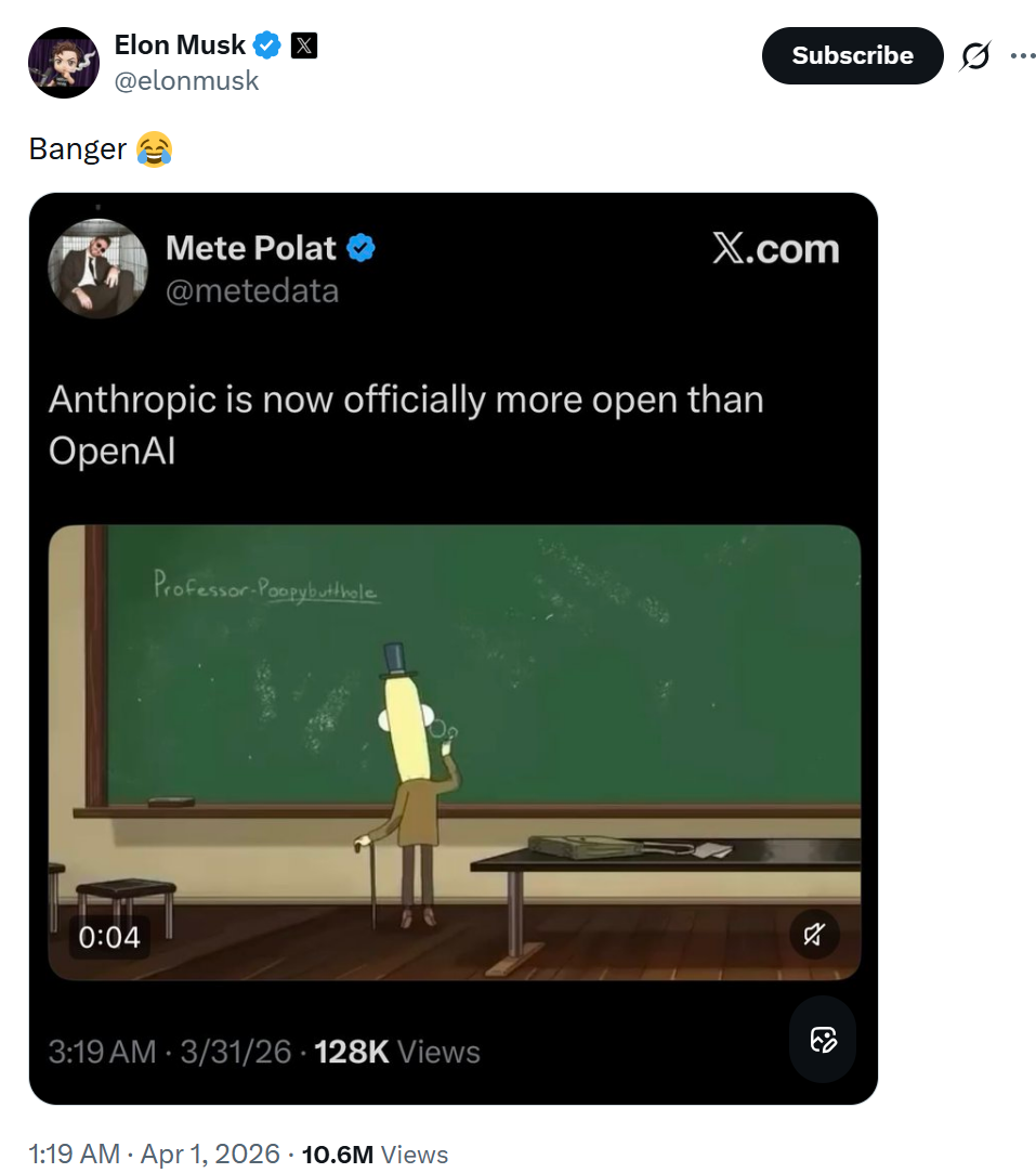 Elon Musk在X平台转推评论截图