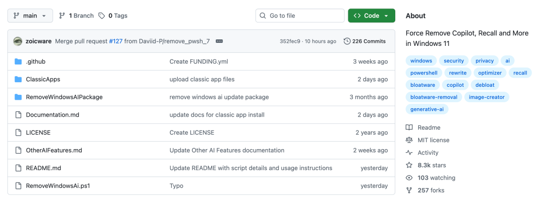 GitHub 上的 Remove Windows AI 项目仓库