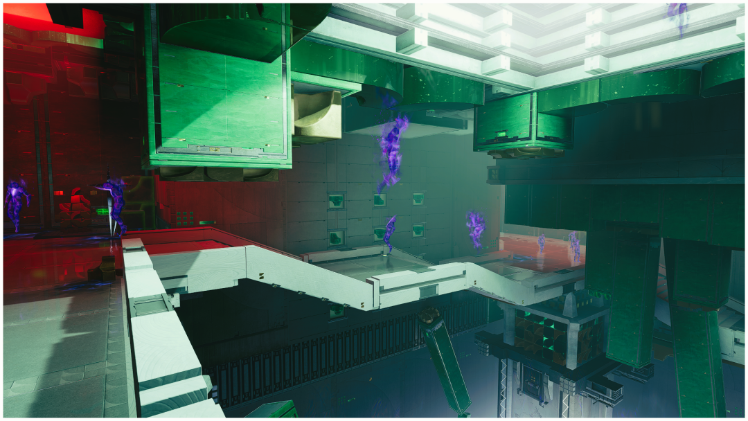 科幻室内场景，出现紫色能量形态的敌人