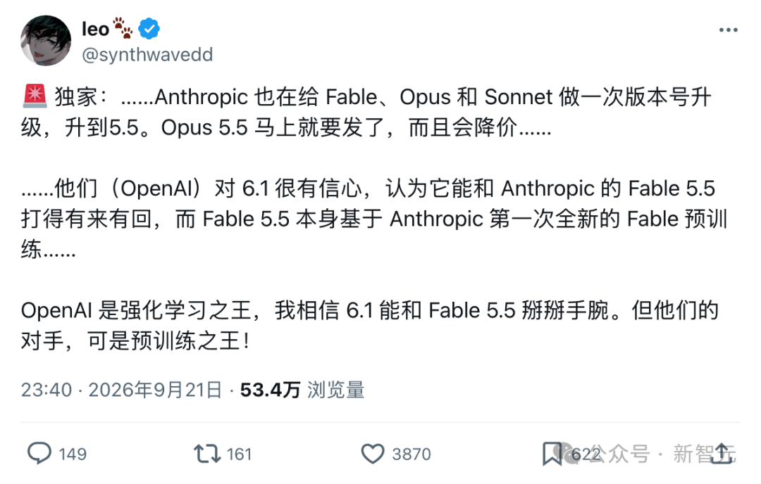 爆料人 leo 关于 Fable 5.5 与 OpenAI 6.1 对比推文