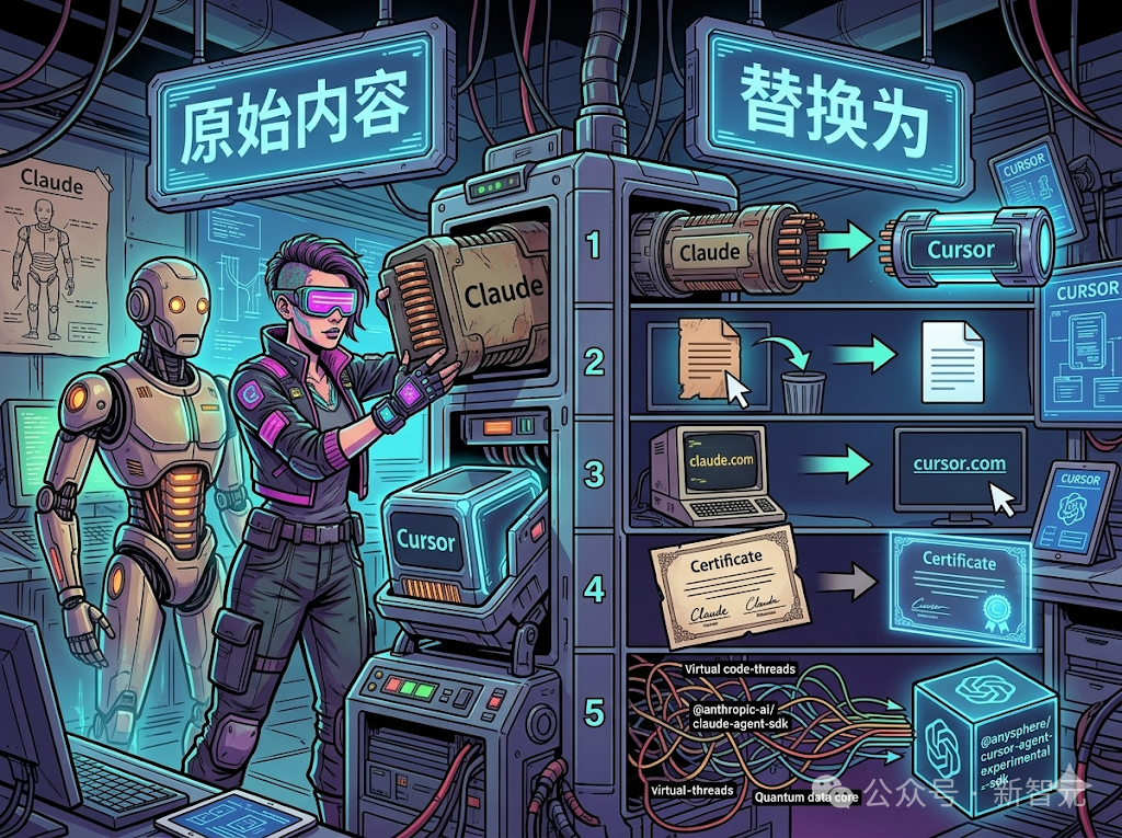 描述字符串替换过程的科幻风格插画