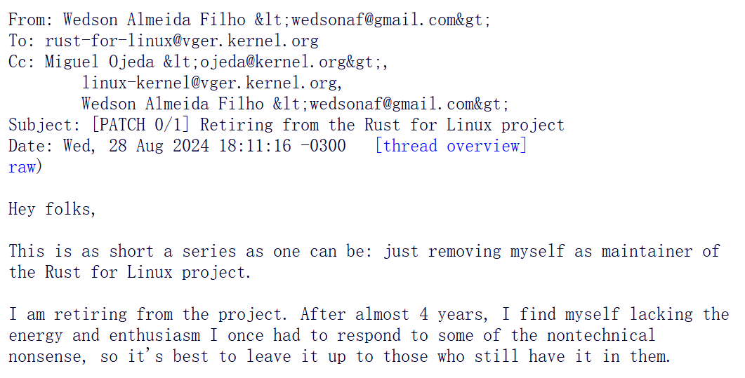 Wedson Almeida Filho宣布退出项目的邮件截图