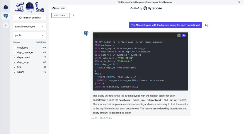 SQLChat 数据库查询界面示例