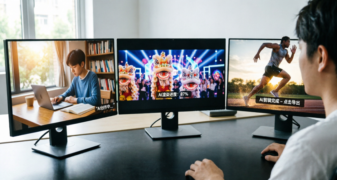 一名男子使用多台显示器进行AI视频创作与渲染