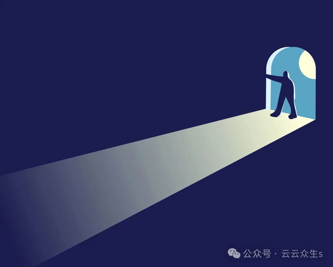 深蓝色背景中，一个黑色剪影人物站在拱形门洞内，左手向外伸展，似乎在推开或指向门；门洞内为浅蓝色，右侧有白色圆形月亮；一道从门洞延伸至画面左下角的明亮光束铺在地面上，光束由亮白渐变为灰蓝，形成强烈明暗对比；右下角有微信公众号水印文字“公众号·云云众生s”