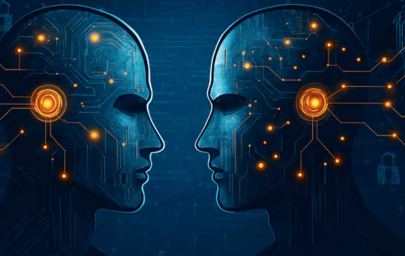 两个充满电路的大脑剪影对视,象征AI与人类思维的对抗