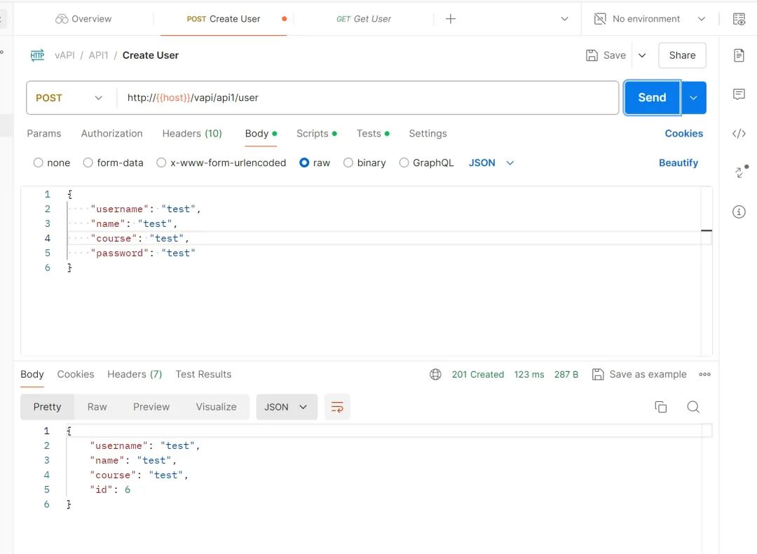 创建用户请求，JSON Body中包含测试数据