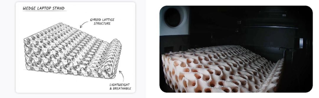 从楔形笔记本支架设计草图到3D打印实体模型的对比图