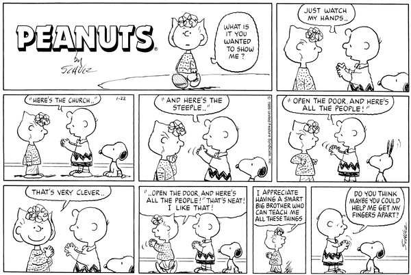 查理·布朗向露西演示手指游戏的漫画