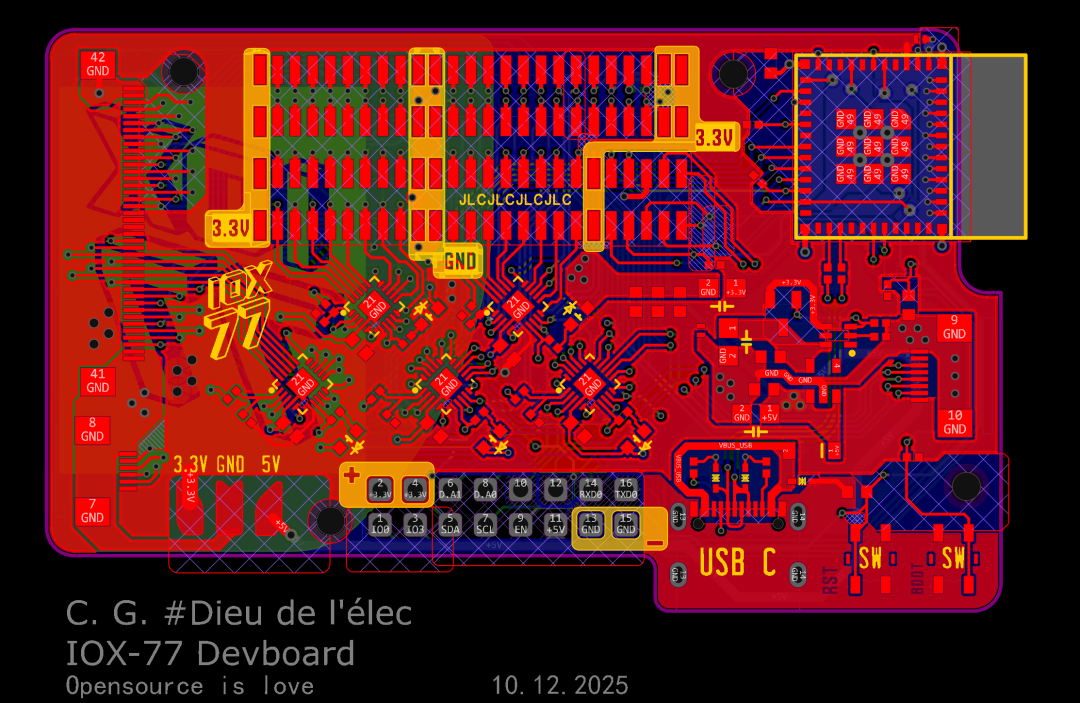 IOX-77 开发板顶层 PCB 走线图,包含排针、USB-C 和 IOX 77 标识