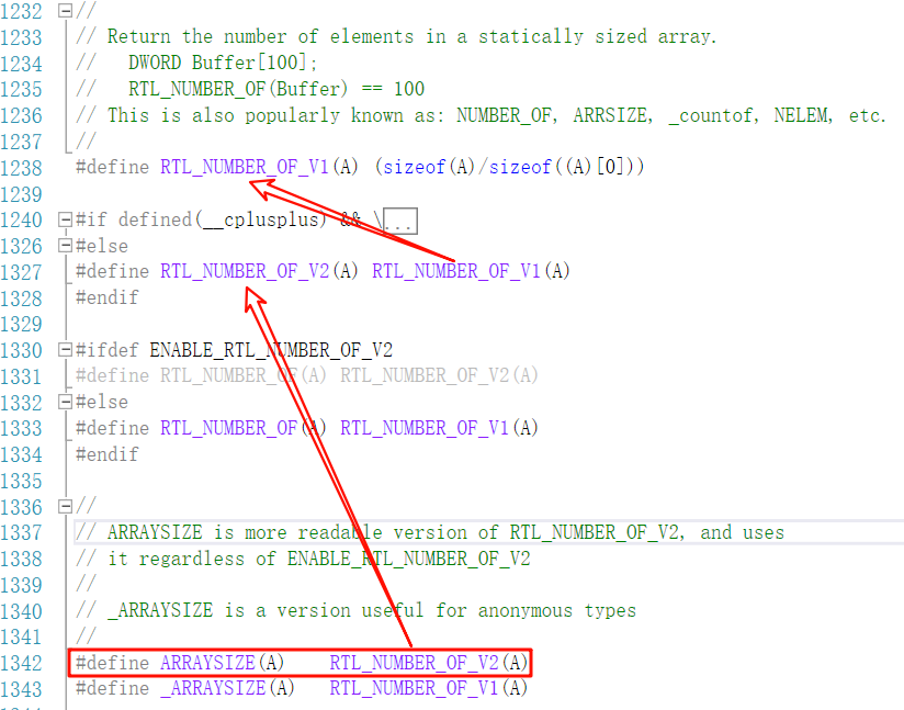 Windows头文件中ARRAYSIZE等宏定义的代码截图