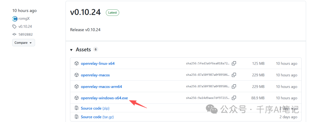 GitHub Releases 页面，v0.10.24 下载资源列表，Windows/Mac/Linux 均有