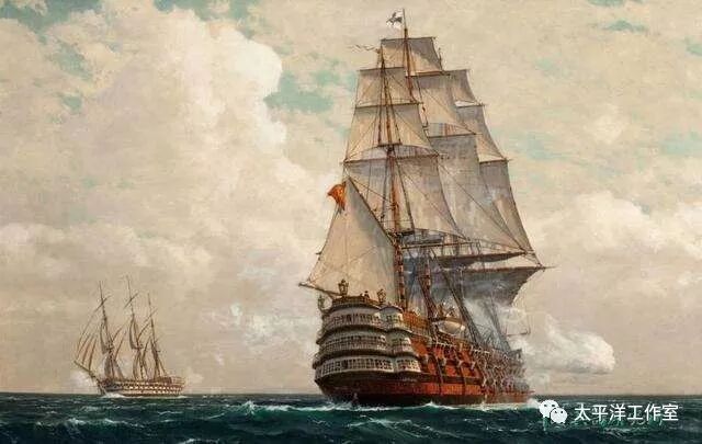 一幅描绘海上帆船的古典航海油画