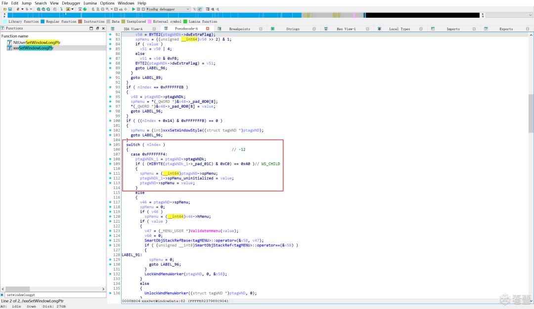 IDA反汇编代码:SetWindowLongPtr 中替换 spMenu 的逻辑