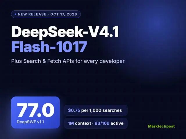 DeepSeek-V4.1-Flash-1017 发布宣传图：DeepSWE 77.0、Search/Fetch API 开放与定价