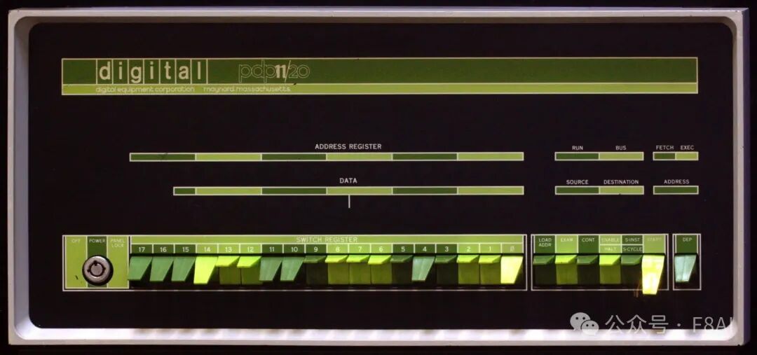 PDP-11/20 原装前面板,包含地址寄存器、数据指示灯和多个开关