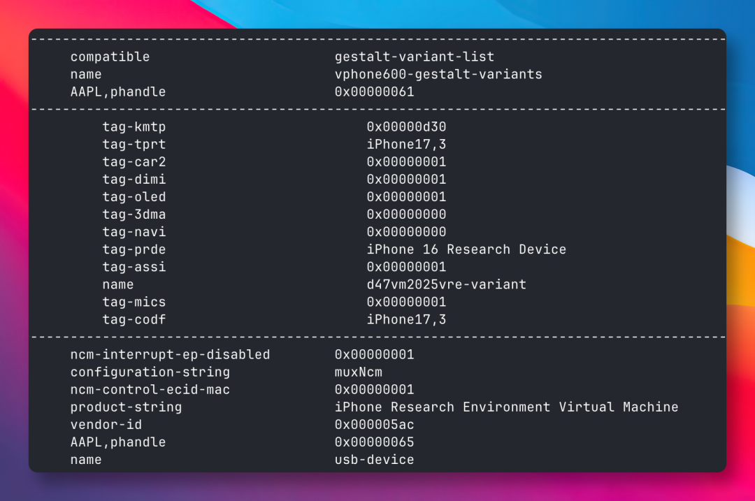 显示虚拟 iPhone 硬件配置的终端信息截图