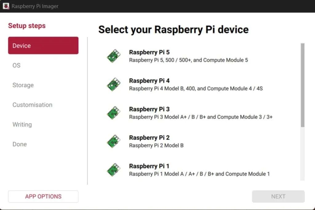 Raspberry Pi Imager 设备选择界面