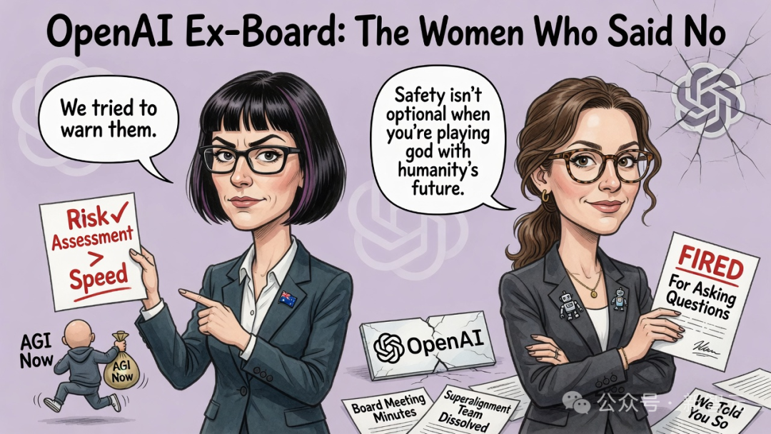 插画描绘OpenAI前女性董事会成员反对奥特曼，强调安全而非速度
