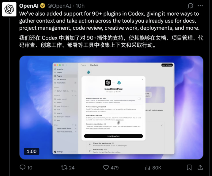 OpenAI官方推文截图：Codex插件支持，以SharePoint为例