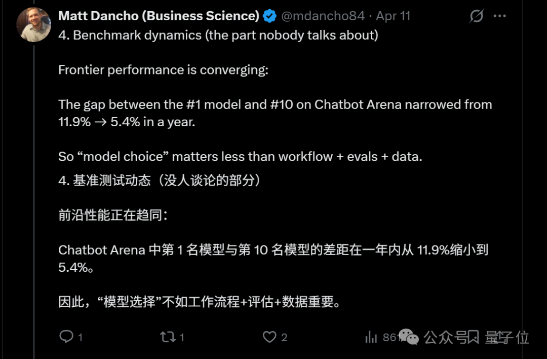 关于模型基准测试动态的推文截图