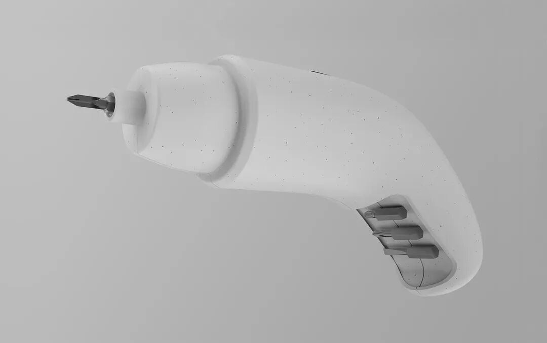 一张白色电动螺丝刀的3D渲染图，主体为哑光白色带细小斑点纹理